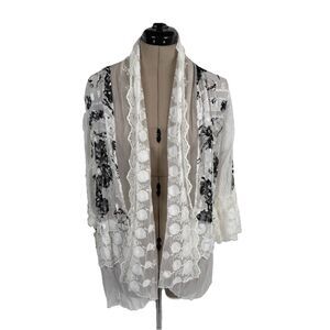 Alberto Makali Open Front Cardigan Small Black White Lace Floral Ruffles Artsy